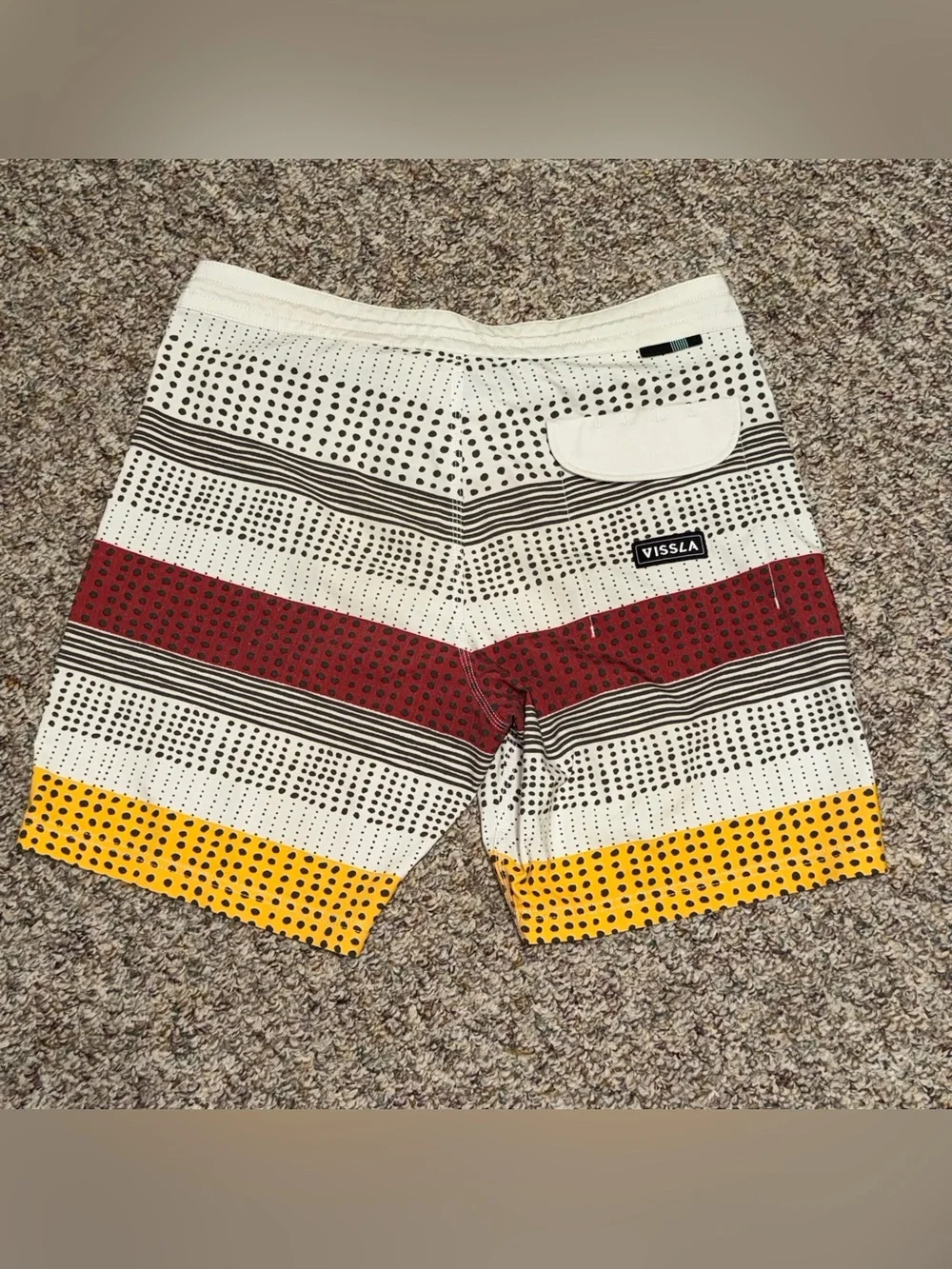 VISSLA Men's size 34 White‎ Swim Shorts with Red & Yellow Stripe Accents beach